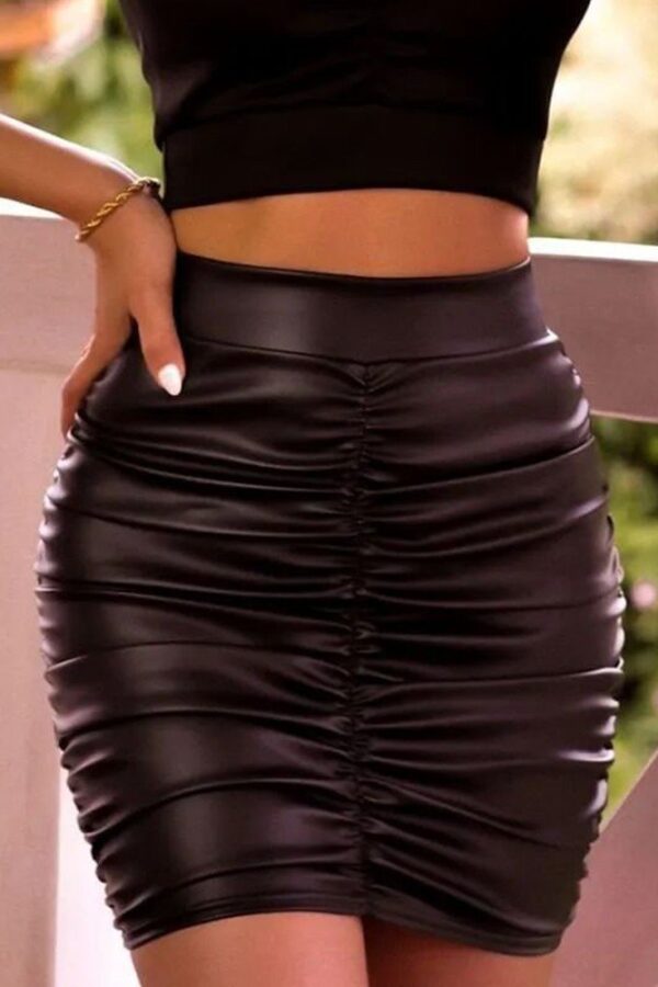 Kadın Büzgülü Deri Mini Etek