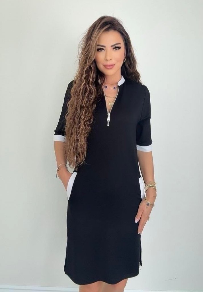 Kadın Kısa Kollu Yakadan Fermuarlı Cepli Yandan Yırtmaçlı Viskon Elbise - Görsel 3