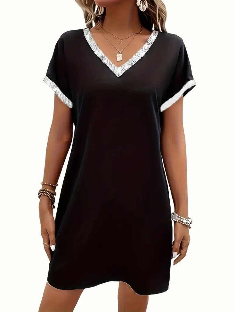 Kadın Yaka Ve Kol Pul Payet şeritli Ithal Krep Elbise - Görsel 10