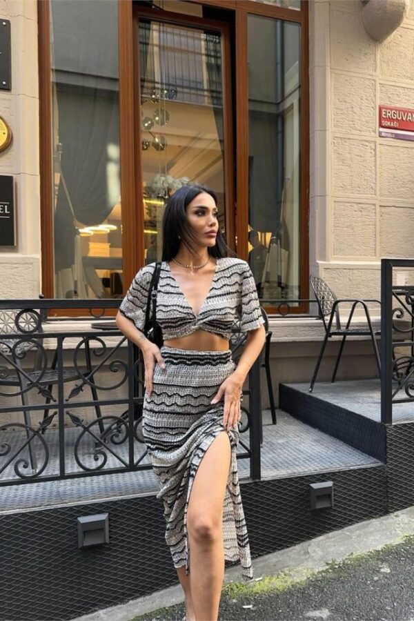 FİLE DANTEL BLUZ - YIRTMAÇLI ETEK TAKIM - Bej