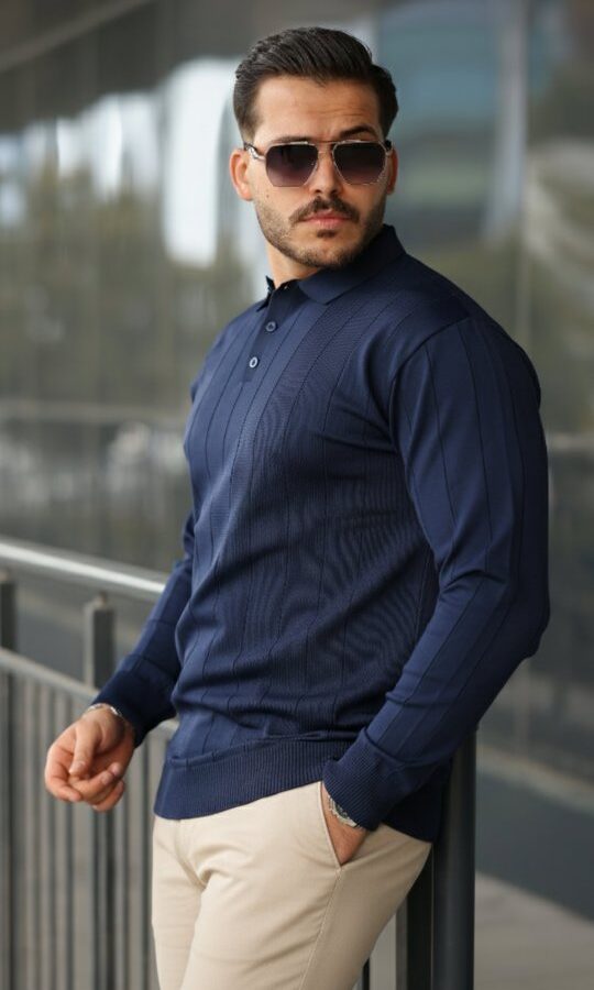 Erkek Düğmeli Yaka çizgi Dokulu Uzun Kollu Triko