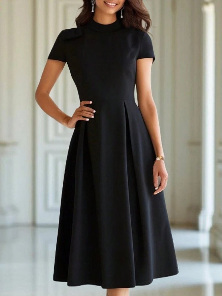 Kadın Kısa Kollu Yarı Balıkçı Yaka Pileli Janjan Krep Midi Elbise - Görsel 8