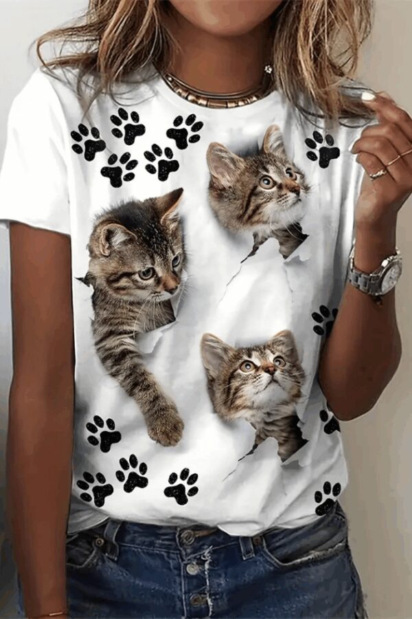 Kadın Kısa Kollu Kedi Ve Pati Baskılı Süprem T-shirt