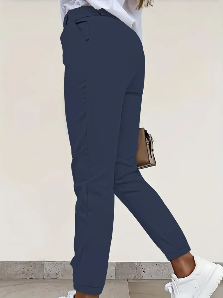 Kadın Yüksek Bel önden Düğmeli Cepli Bilek Lastik Detay Atlas Pantolon - Görsel 3