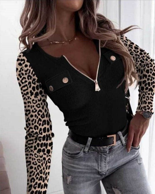 Kadın Uzun Kollu Leopar Desenli Fermuarlı önden Cep Ve Düğme Detaylı Kaşkorse Bluz