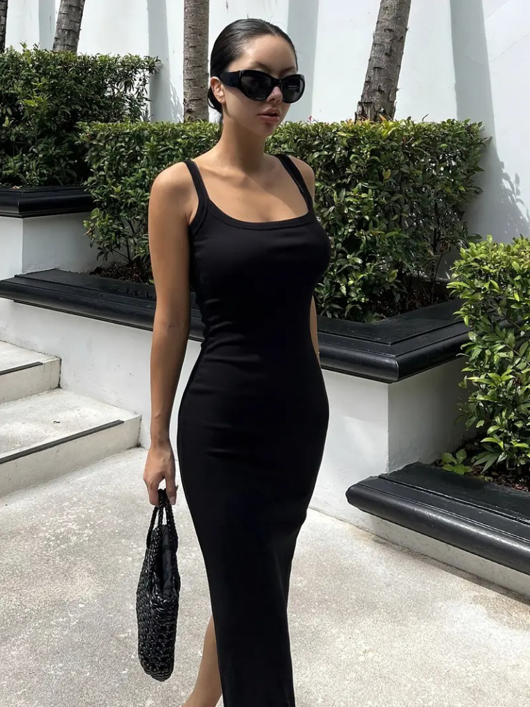 Kadın Ip Askılı Yuvarlak Yakalı Yırtmaçlı Midi Kaşkorse Elbise - Görsel 2