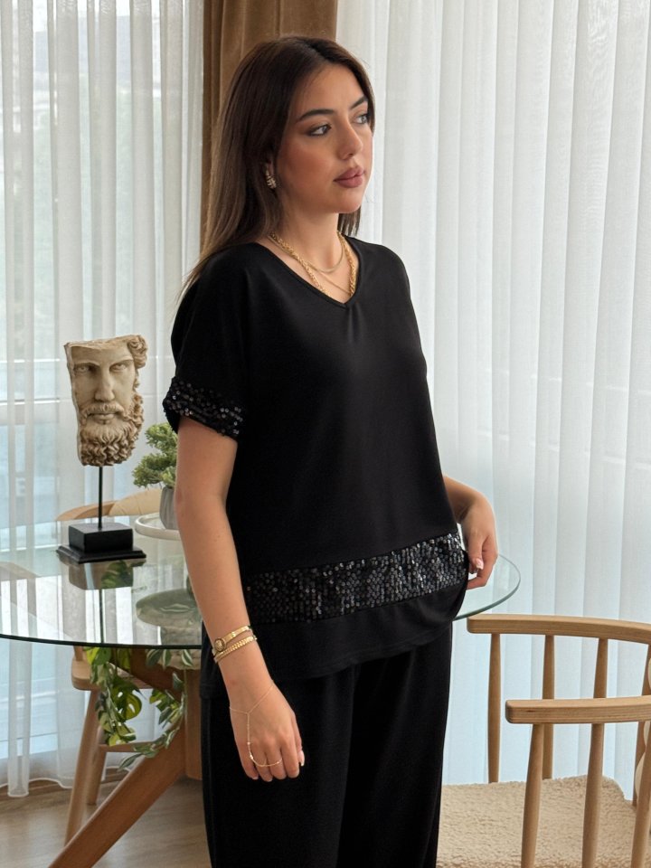 Kadın Kısa Kollu V Yakalı Pul Payetli Viskon Iki Iplik Bluz Ve Pantolon Ikili Takım - Görsel 2