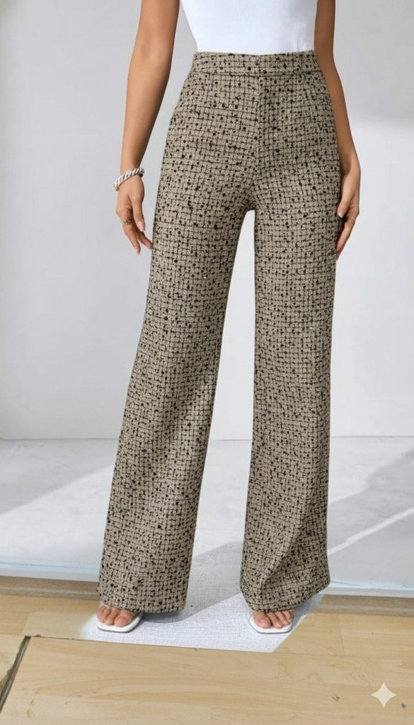 Kadın Yüksek Bel Paçaya Doğru Geniş Dokuma Pantolon - Görsel 17