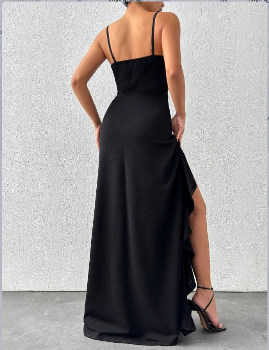 Kadın Ip Askılı Dekolteli Yırtmaç Detay Krep Elbise - Görsel 13