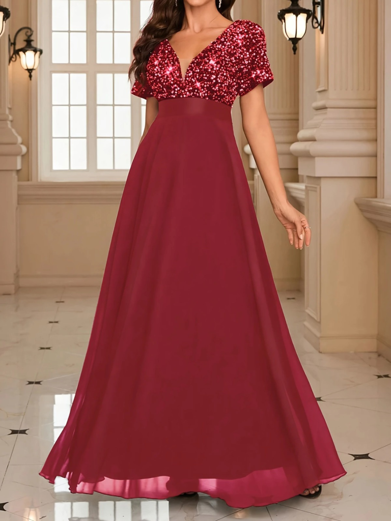 Kadın Kısa Kollu Derin V Yakalı A Kesim Pulpayet Detaylı şifon Nedime Elbisesi - Görsel 10