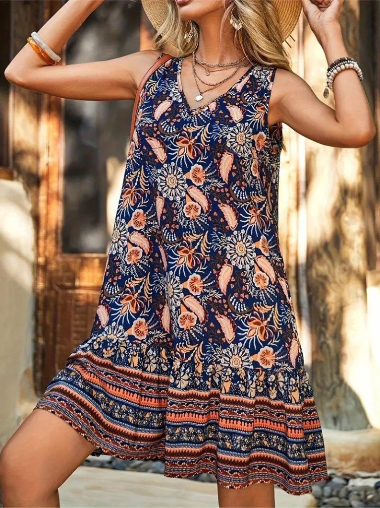 Kadın Askılı V Yakalı Fırfırlı Desenli Süprem Kısa Elbise - Görsel 4