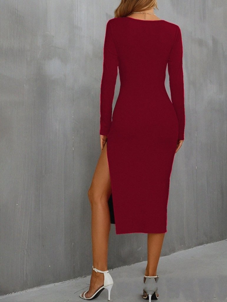 Kadın Uzun Kollu Göğüs Ve Göbek Dekolte Detay Sandy Midi Boy Elbise - Görsel 3