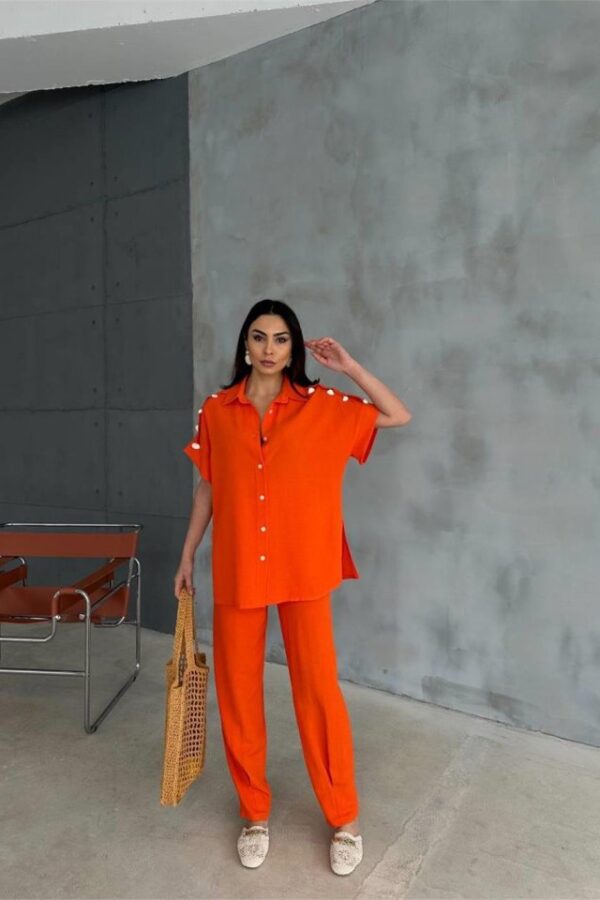 OMUZ MİDYE SIRALI BLUZ - PAÇA PENSLİ PANTOLON TAKIM - Orange