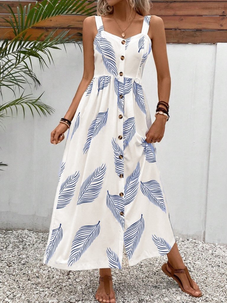 Kadın Askılı önden Düğmeli Yaprak Desenli Uzun Süprem Elbise - Görsel 2