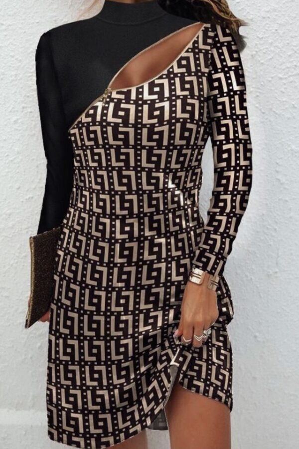 Kadın Uzun Kollu Göğüste çapraz Fermuar Detay Dalgıç Mini Boy Elbise