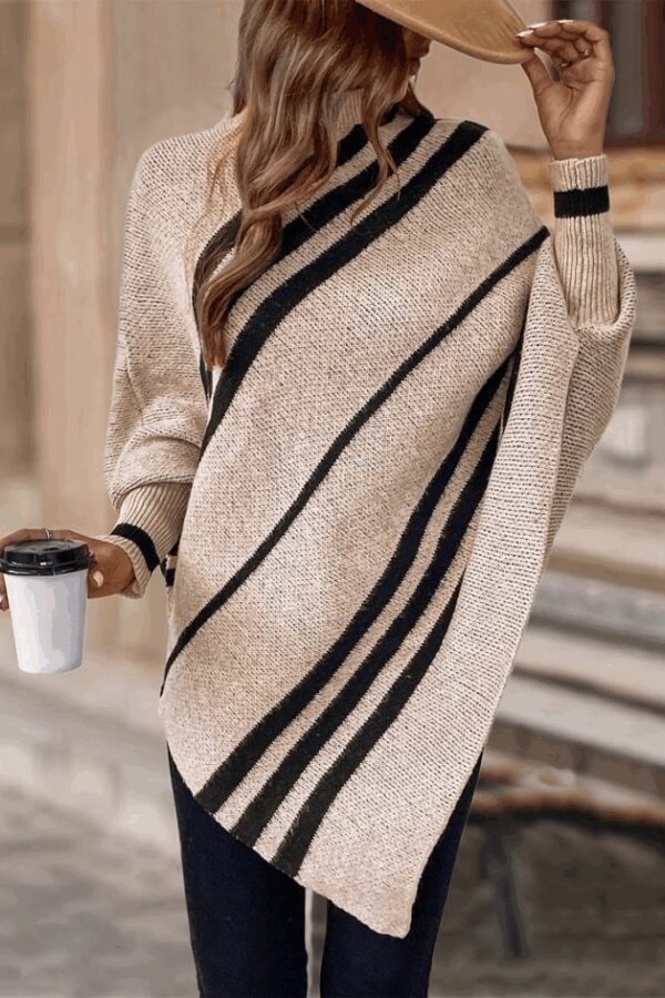 Kadın Uzun Yarasa Kollu Yüksek Boyunlu Asimetrik Kesim Triko Pelerin Kazak