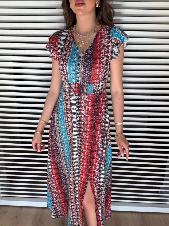 Kadın Kısa Kollu V Yakalı Desenli Yandan Yırtmaçlı Süprem Elbise - Görsel 2