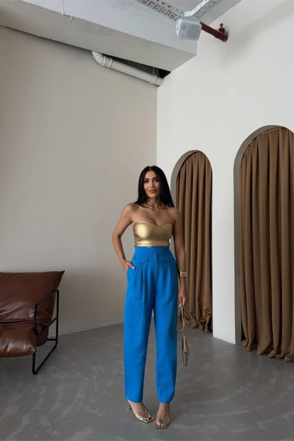 PANTOLON KAPALI CEP 3 DÜĞME DETAYLI - Mavi