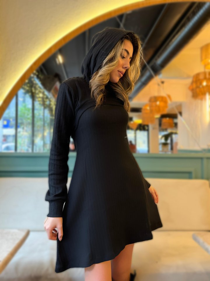 Kadın Uzun Kollu Kapüşonlu Ceket üst Ve Askısız Kare Yaka A Kesim şardonlu Kaşkorse Elbise - Görsel 3