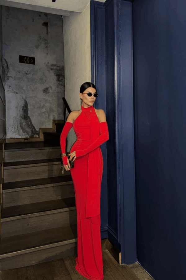 BOYUNDANBAĞLAMA DETAYLI ELDİVEN KOL SANDY ELBİSE - Kırmızı