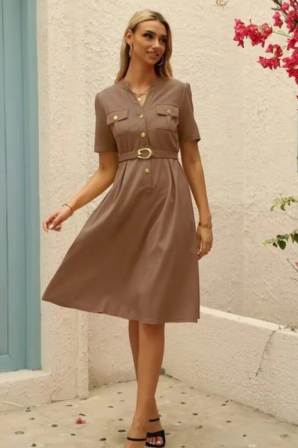 Kadın Kısa Kollu Düğmeli Ve Kemerli Atlas Elbise