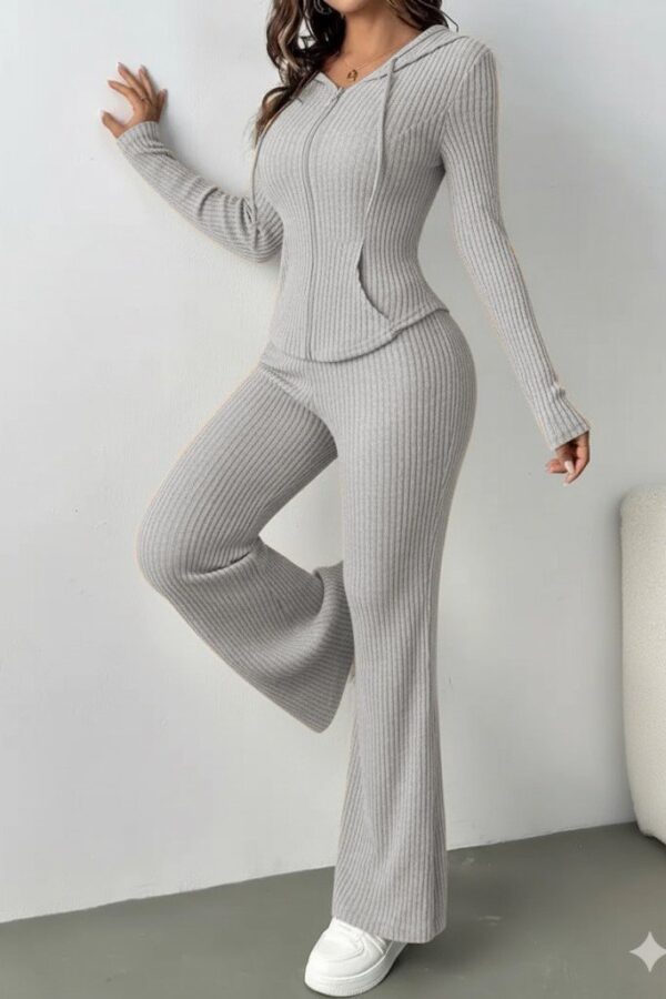 Kadın Uzun Kollu Kapşonlu önden Fermuarlı Kaşkorse Bluz Ve Pantolon Ikili Takım