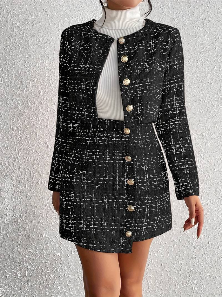 Kadın Uzun Kollu önü Düğmeli şanel Ceket Ve Etek Takım - Görsel 6