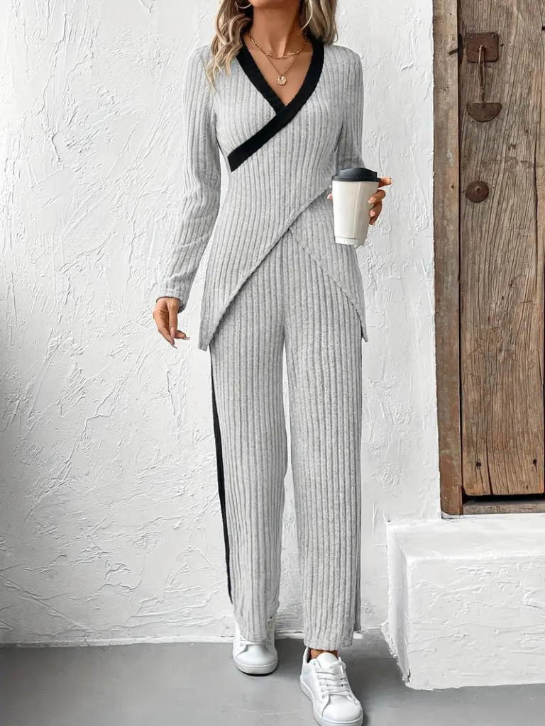 Kadın Uzun Kollu V Yakalı çapraz Detaylı şardonlu Kaşkorse Bluz Ve Pantolon Ikili Takım - Görsel 4