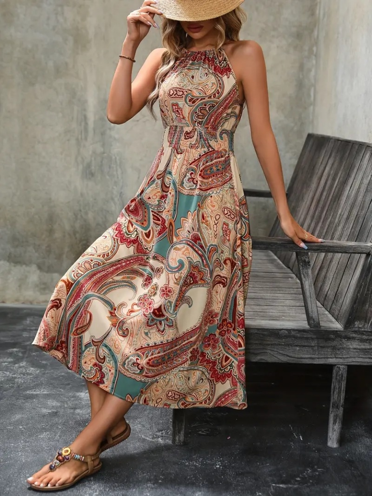 Kadın Kolsuz Boyundan Bağlamalı Beli Lastikli Dijital Baskı Süprem Uzun Elbise - Görsel 5