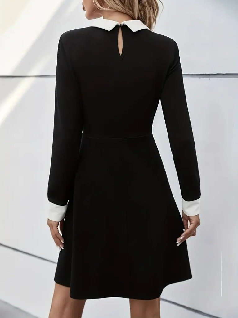 Kadın Uzun Kollu Yakalı Düğmeli Kısa Modal Mini Elbise - Görsel 4