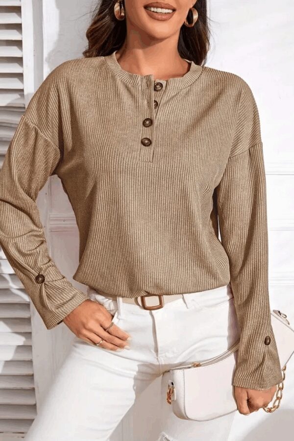 Kadın Uzun Kollu V Yakalı Düğmeli Salaş şardonlu Kaşkorse Bluz