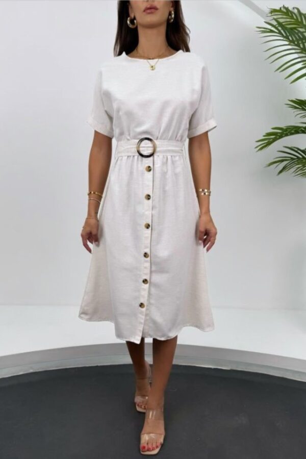 2389 Kemerli Keten Elbise - Ekru