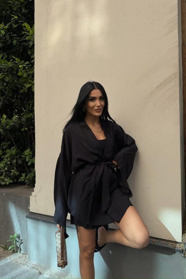 KETEN KİMONO - ŞORT TAKIM - Siyah