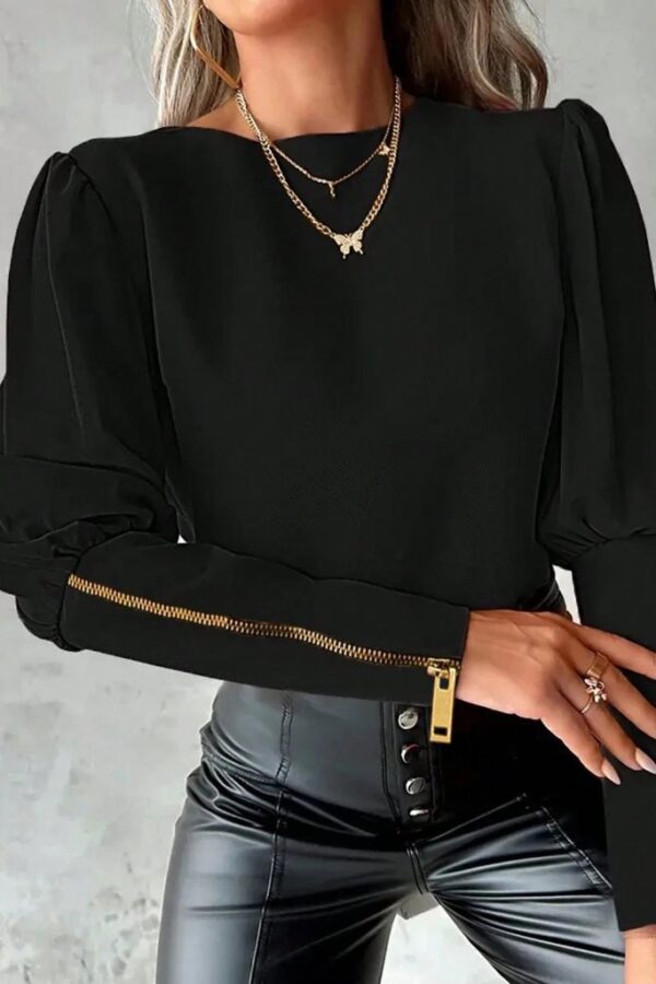 Kadın Uzun Kollu Bisiklet Yaka Fermuar Detaylı Ithal Krep Bluz