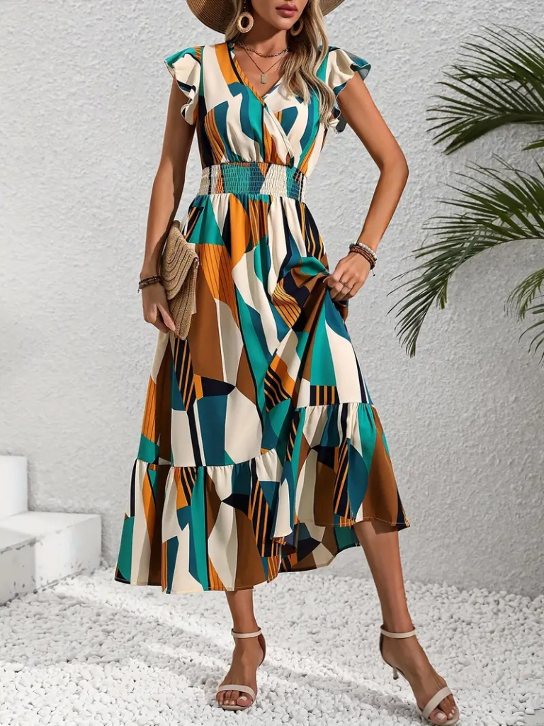 Kadın Kısa Kollu Kruvaze Yakalı Beli Lastikli Desenli Maksi Boy örme Krep Elbise - Görsel 5