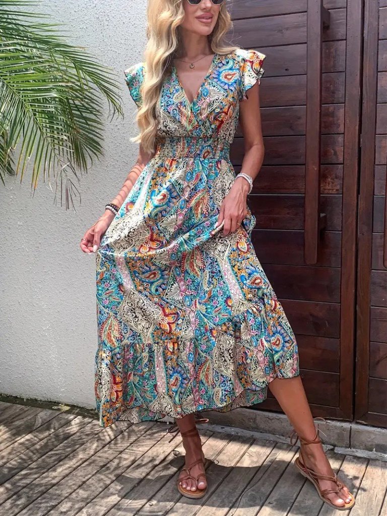 Kadın Kısa Kollu Kruvaze Yakalı Desenli Maxi Elbise - Görsel 4