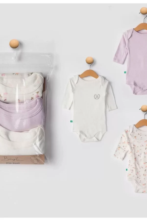 3'lü Naturel Çiçekli Bebek Badi Zıbın - Beyaz Lila %100 Pamuk