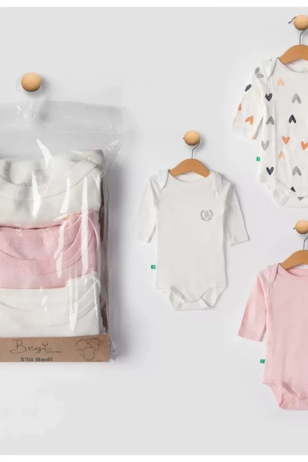 3'lü Naturel Kalpki Bebek Badi Zıbın - Beyaz Pembe %100 Pamuk