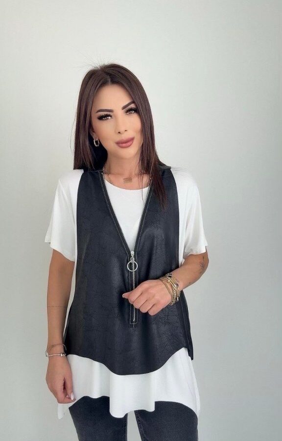 Kadın Kısa Kollu Yuvarlak Yaka Viskon Bluz + Kolsuz Fermuarlı çatlak Deri Yelek