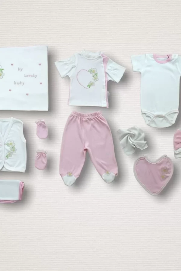 Baharın Çiçekli Kalbi Nakışlı  10lu Zıbın Takımı Hastane Çıkışı Pembe