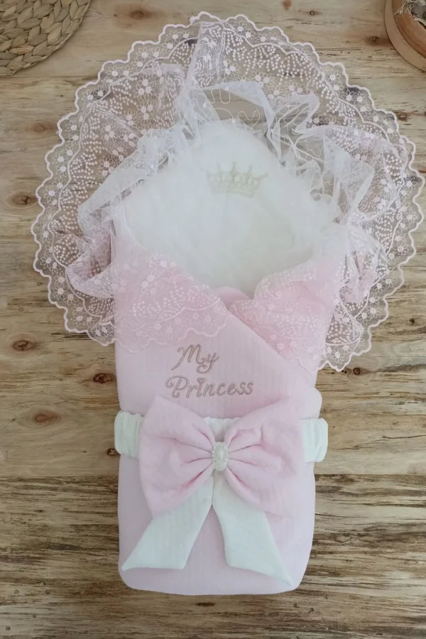 Bal Peteği My Princess Taç Nakış İnci Fiyonklu Dantel Duvaklı Delüks Kundak Bebek Battaniyesi Pembe