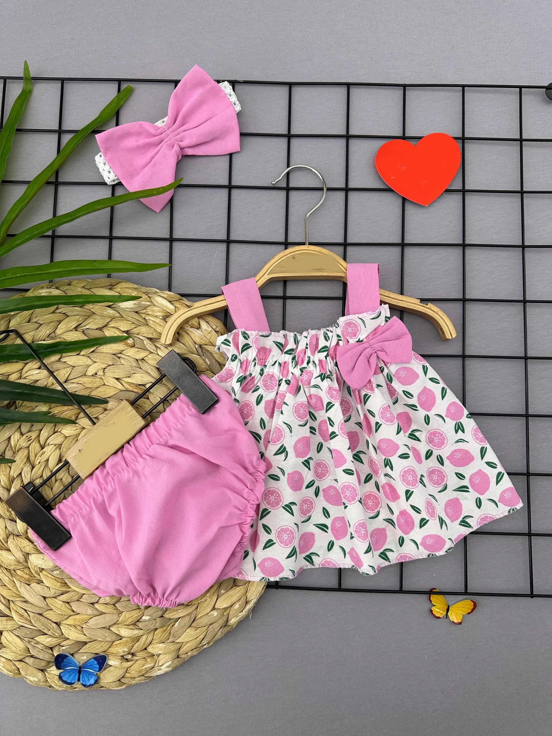 3-6-9-12 Ay Bandajlı Ve Kilotlu Meyve Desenli Askılı 3lü Kız Bebek Elbisesi - Görsel 2