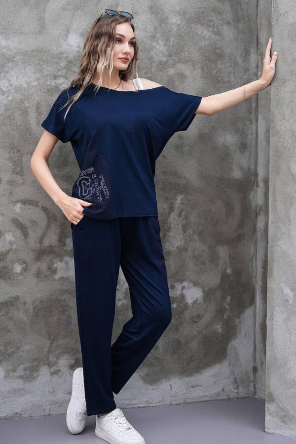 Kadın Kayık Yaka Baskı Detay Salaş Bluz Ve Yüksek Bel Pantolon Ikili Takım