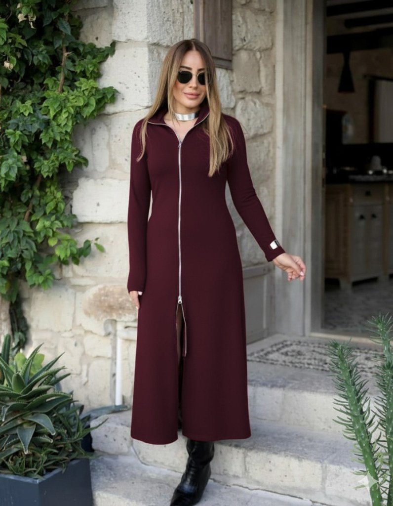 Kadın Uzun Kollu önden Fermuarlı Maxi Viskon Iki Iplik Elbise - Görsel 3