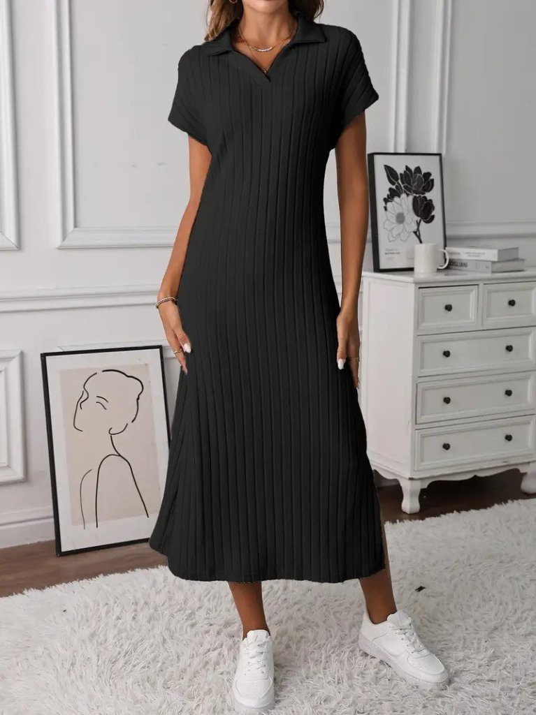 Kadın Kısa Kollu Yakalı Yandan Yırtmaçlı Kalın Fitilli Kaşkorse Elbise - Görsel 6