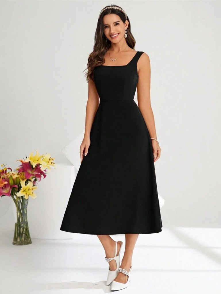 Kadın Askılı Kare Yakalı Midi Ithal Krep Elbise - Görsel 7