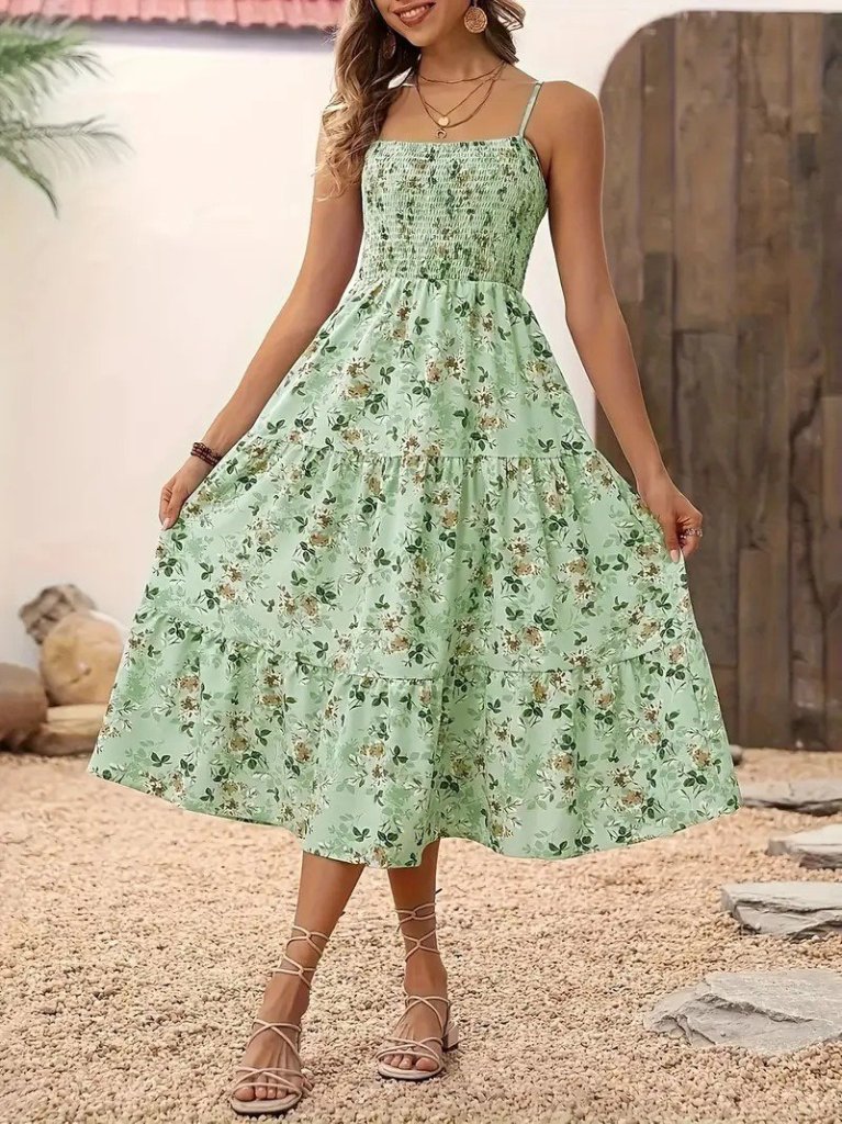 Kadın Ip Askılı Geniş V Yakalı Desenli Uzun Süprem Elbise - Görsel 4