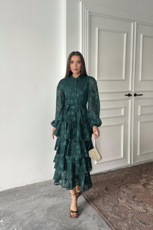 Zümrüt Valonlu Şeritli Kat Kat Elbise