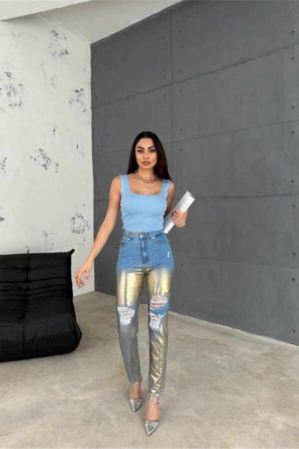 DİZ YIRTIK VARAKLI MOM KOT PANTOLON - Gold