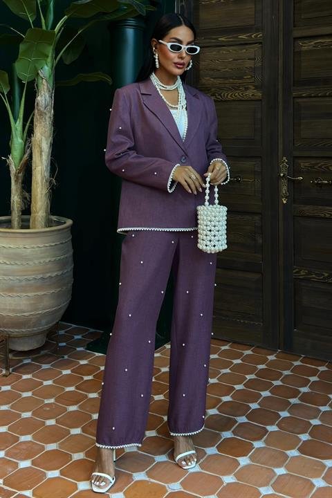 İnci Detaylı Ceket Pantolon Keten Takım 10124